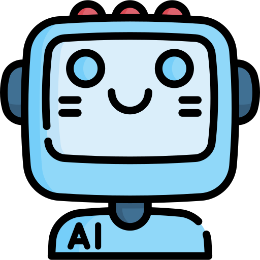 A happy robot with AI written in his chest